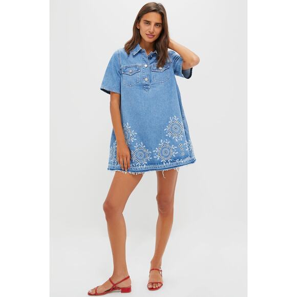 GANNI Light Blue Stone Broderie Anglaise Dress Size 6 NWT Retail $445 - Picture 6 of 7